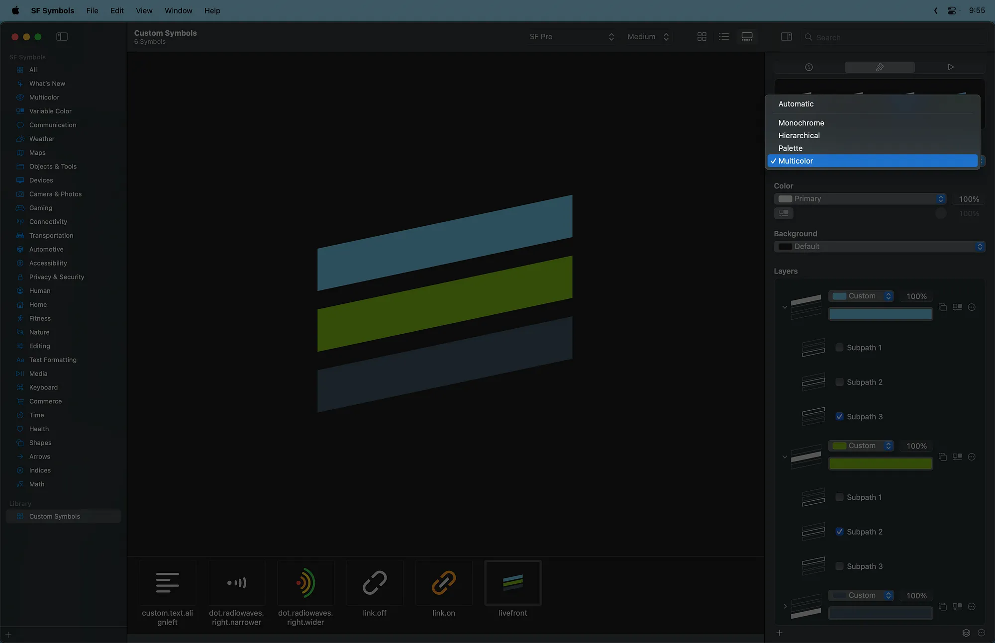 The multicolor rendering mode settings are shown. The custom symbol has applied custom colors to each layer.