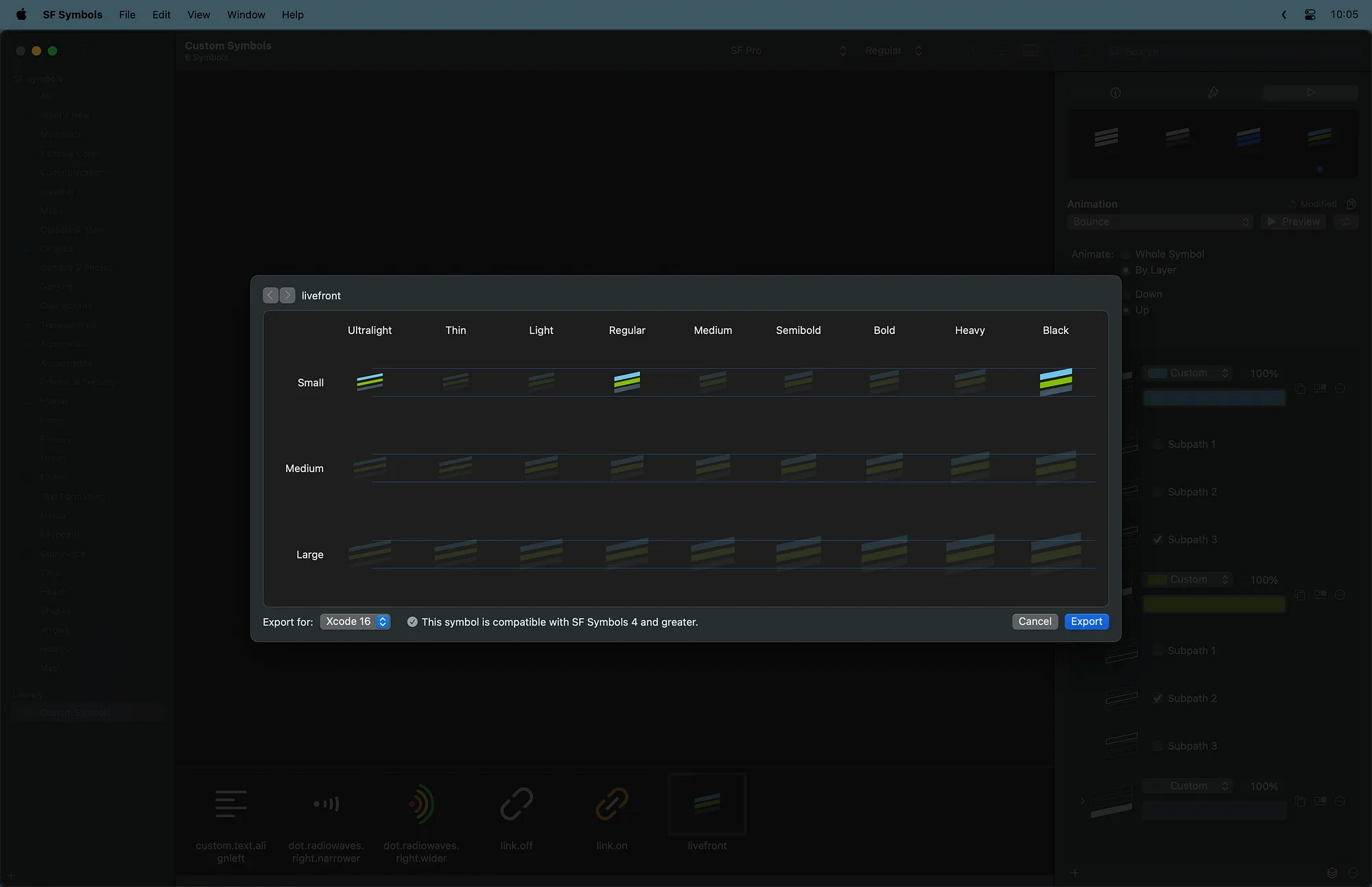 The symbol export dialog shows a grid of various weights and sizes for the custom symbol. The variants for ultralight small, regular small, and black small are highlighted.