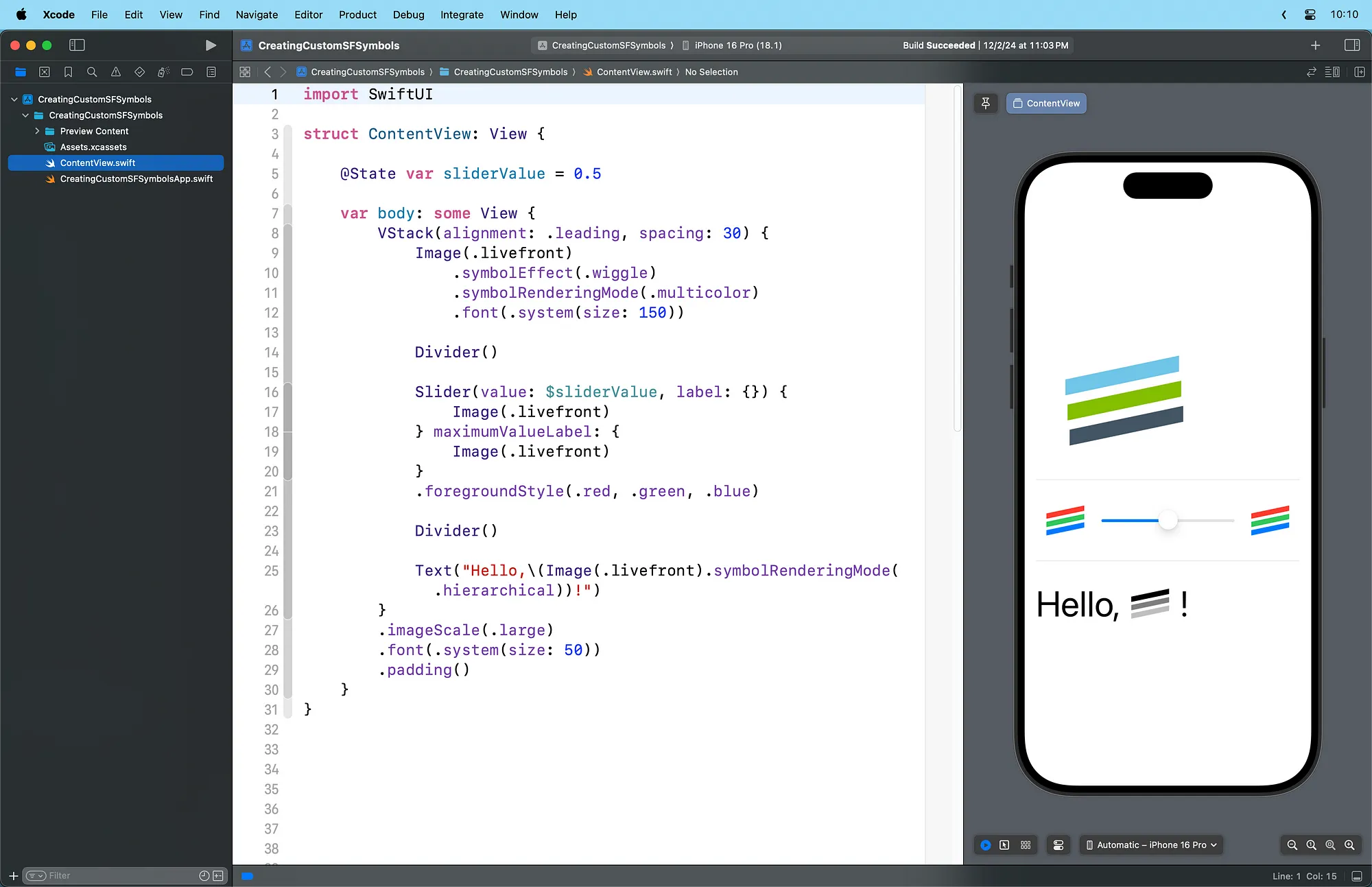 Sample code for various uses of SF Symbols is shown next to an Xcode preview demonstrating images, control labels, and inline symbols.