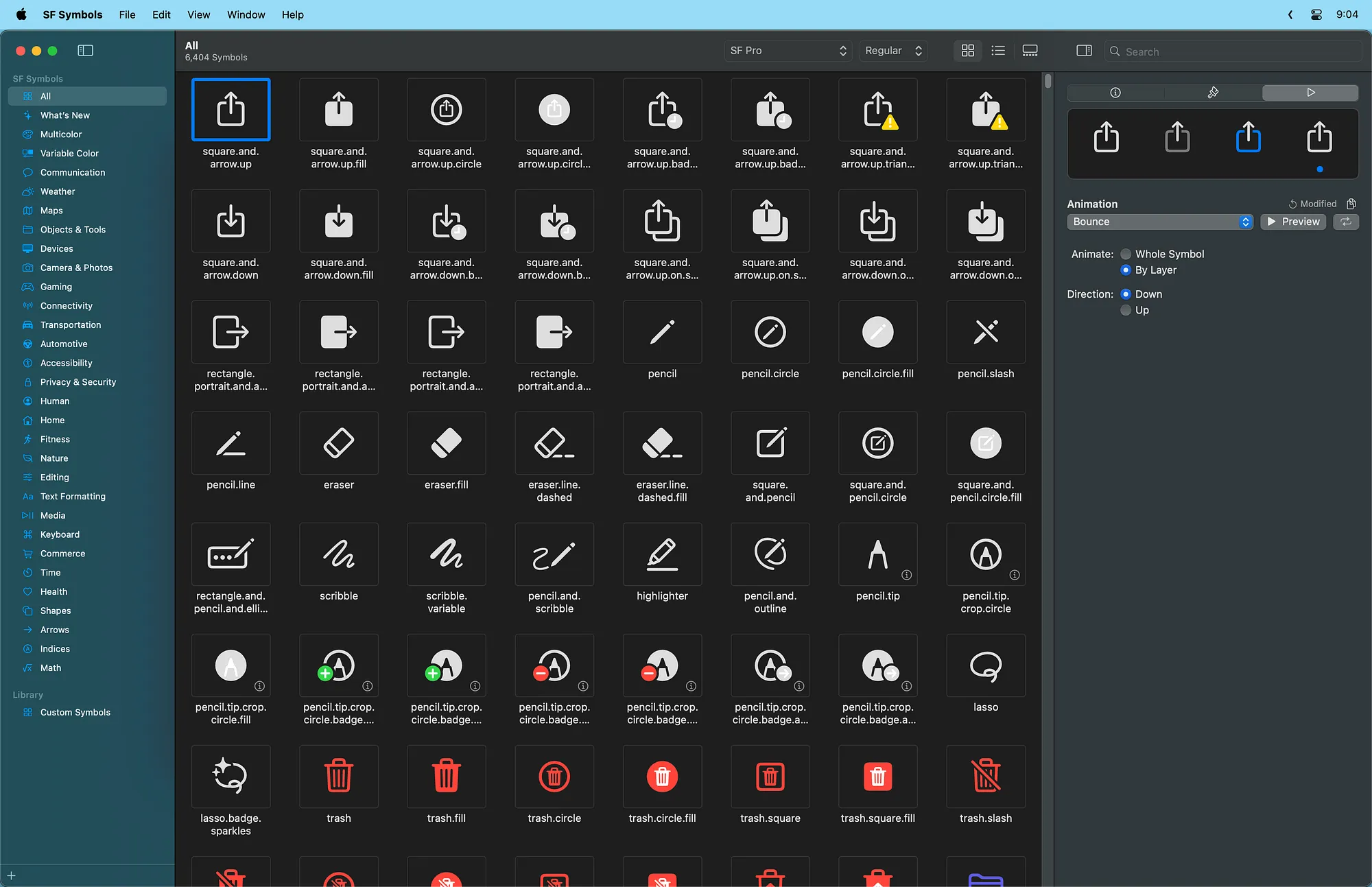 The SF Symbols app displaying a grid of built-in symbols.