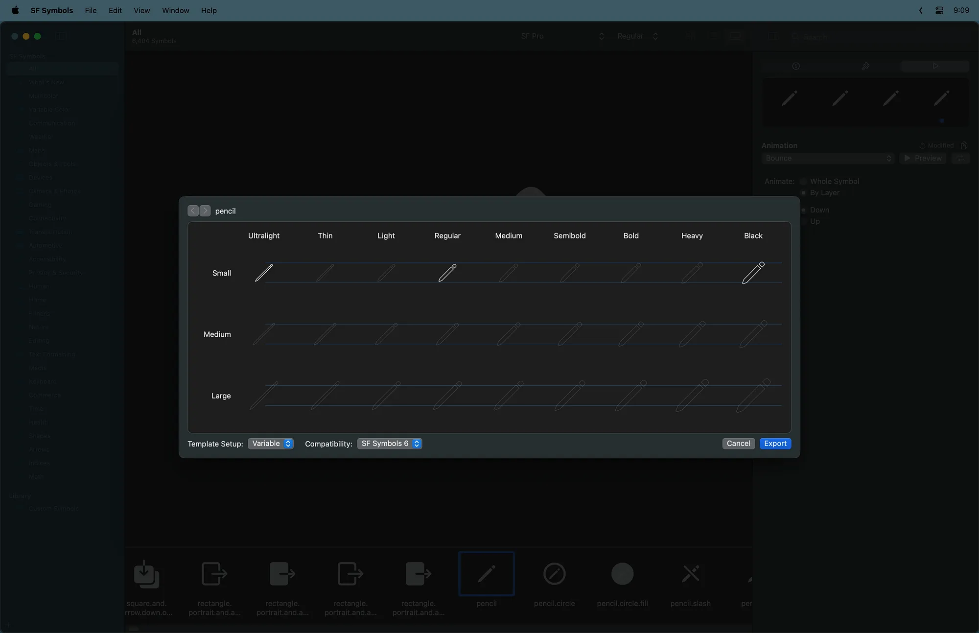 The template export dialog showing a grid of symbols at various weights and sizes. The symbols for ultralight small, regular small, and black small are highlighted.