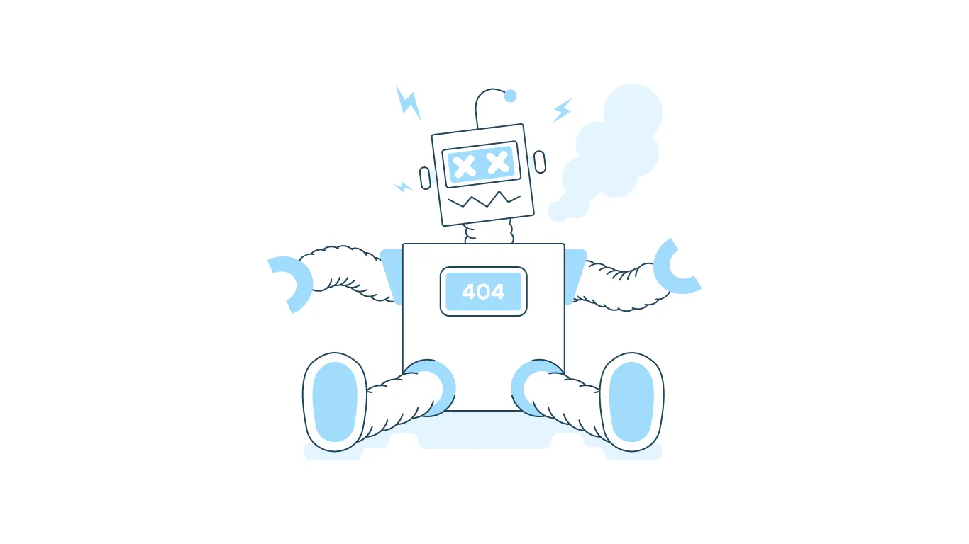 Illustration of a broken robot sitting down with crossed out eyes, 404 error on body and steam coming out the side