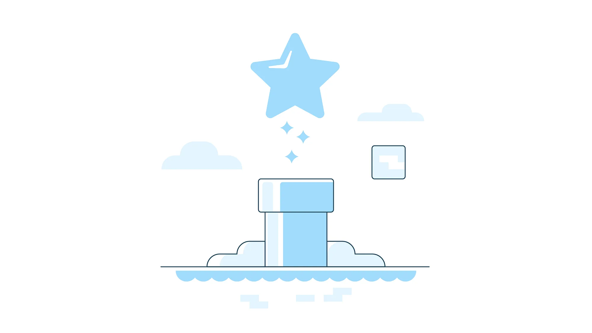 A stylized illustration resembling a video game scene with a light blue star rising out of a light blue pipe. There are clouds in the background and a small blue square block floating on the right side of the image. The star is emitting smaller star sparkles as it ascends.