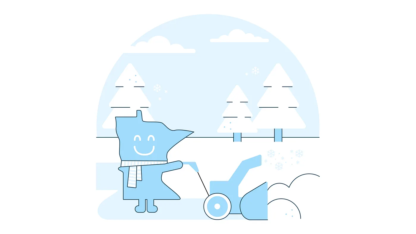 A character in the shape of Minnesota wearing a scarf pushing a snowblower.