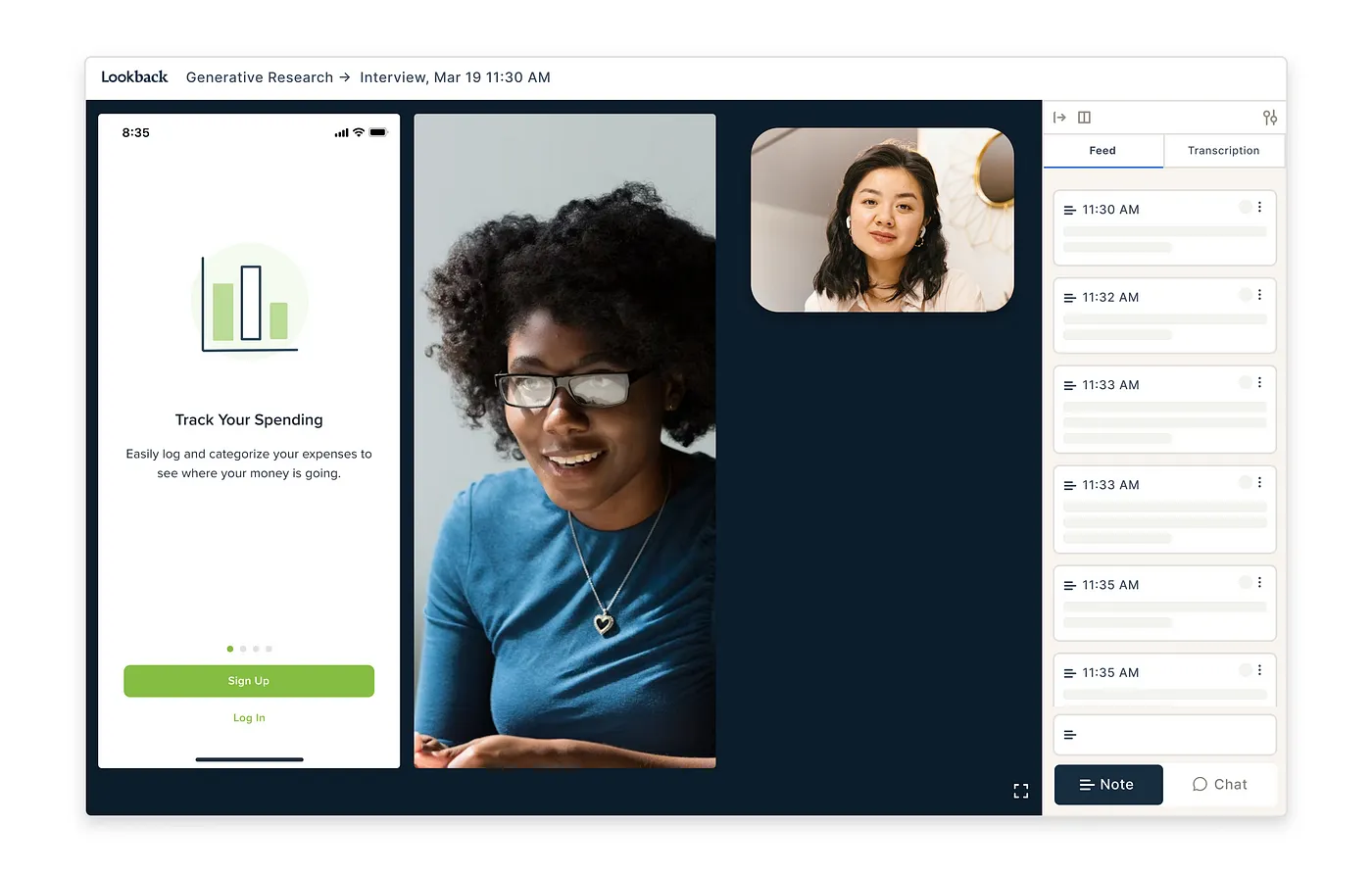 A screenshot of a moderated user research interview. The interface displays a mobile app screen for an expense-tracking app. In the center, a participant with curly hair, glasses, and a blue top is engaged in the session. The top right corner shows the moderator in a small video feed. On the right, a chronological feed of timestamps and transcription notes is visible.
