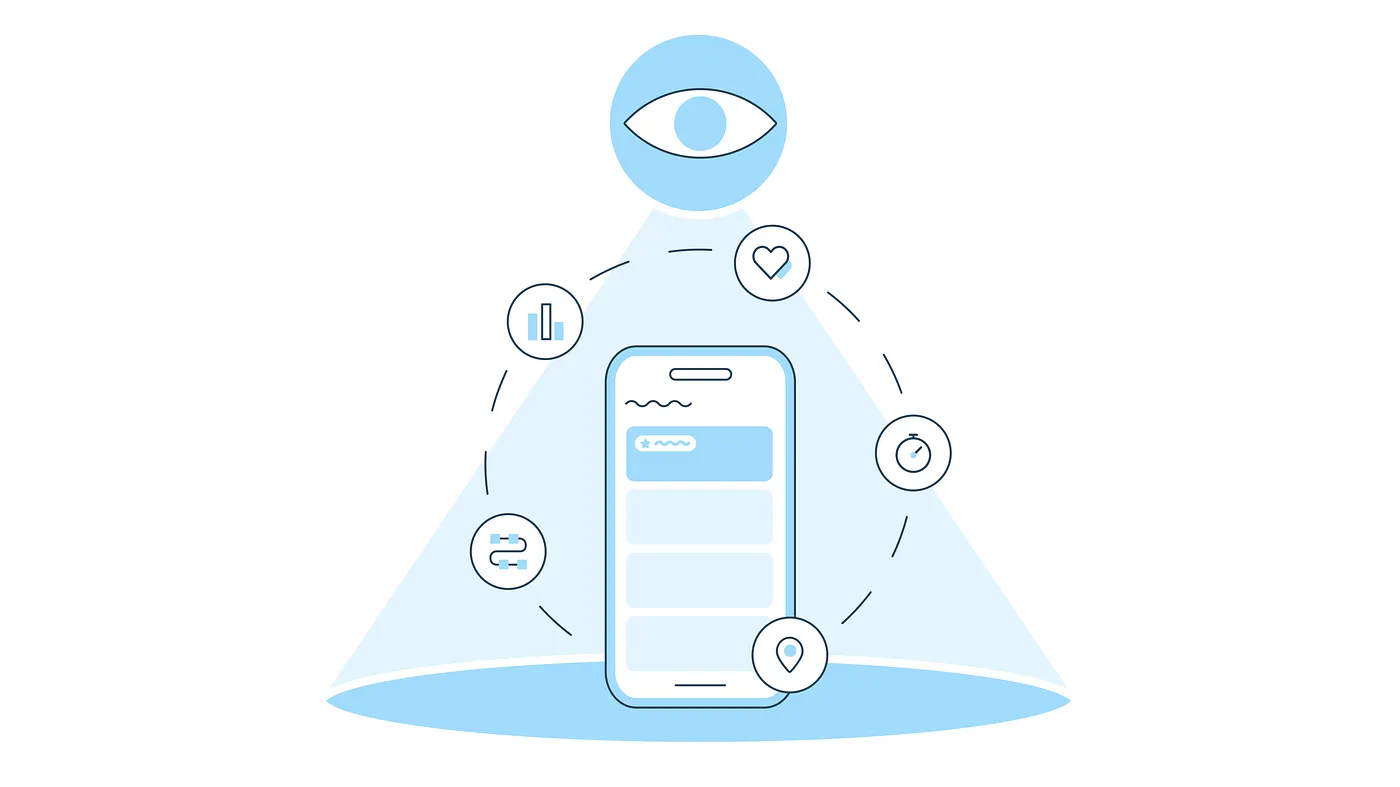 An illustration of a (mildly creepy) eye hovering above a phone, with icons representing features like location, history, and user paths.