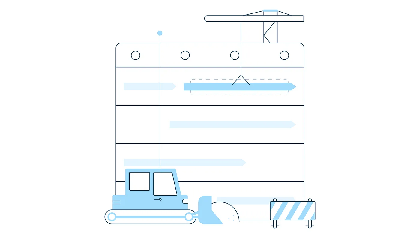 Illustration of a construction-themed approach to product roadmapping, featuring a table resembling a project schedule, with a crane lifting a task and a bulldozer clearing the path below. The design conveys progress, structure, and iterative development.