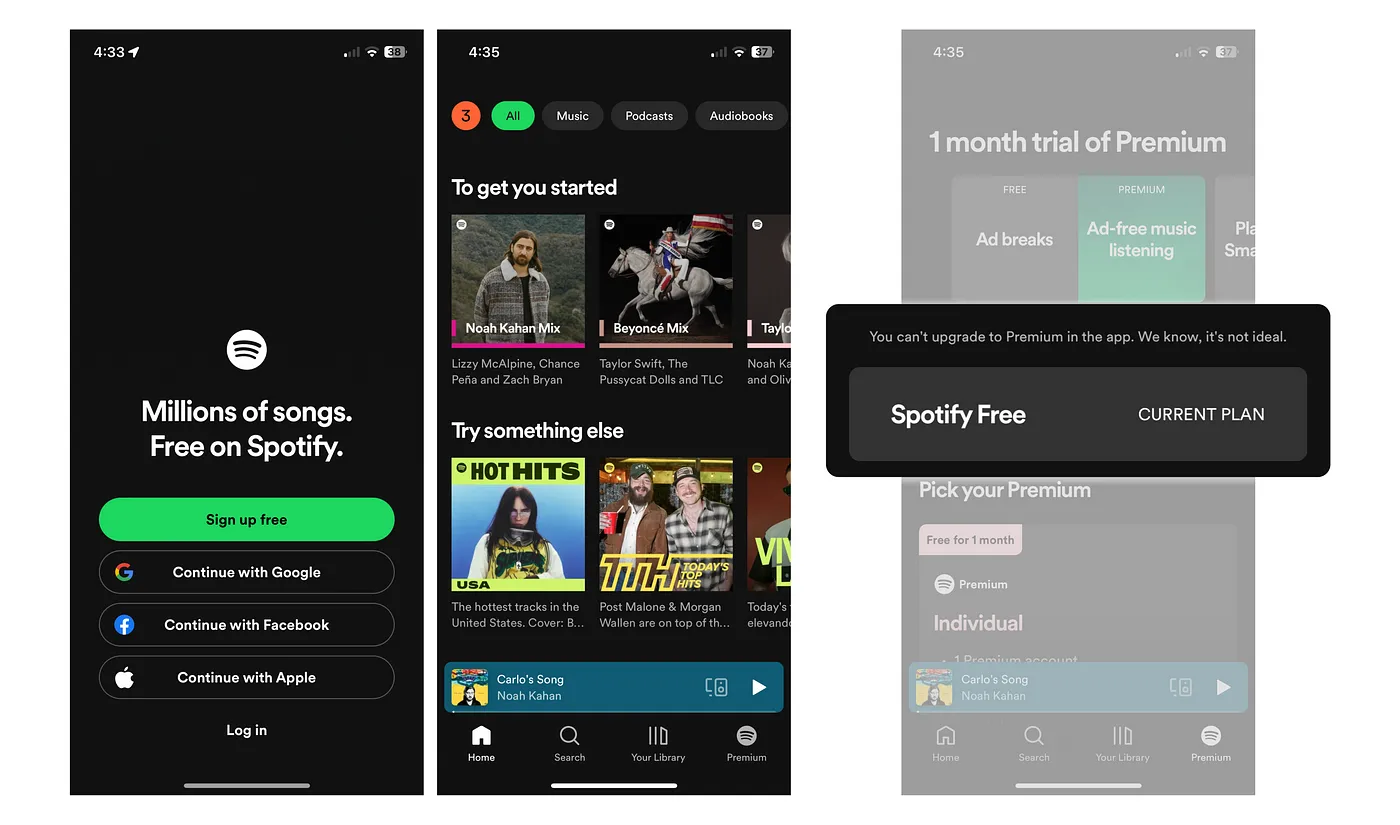 Screenshots of the Spotify mobile, showcasing the sign-in form and manage account affordances.