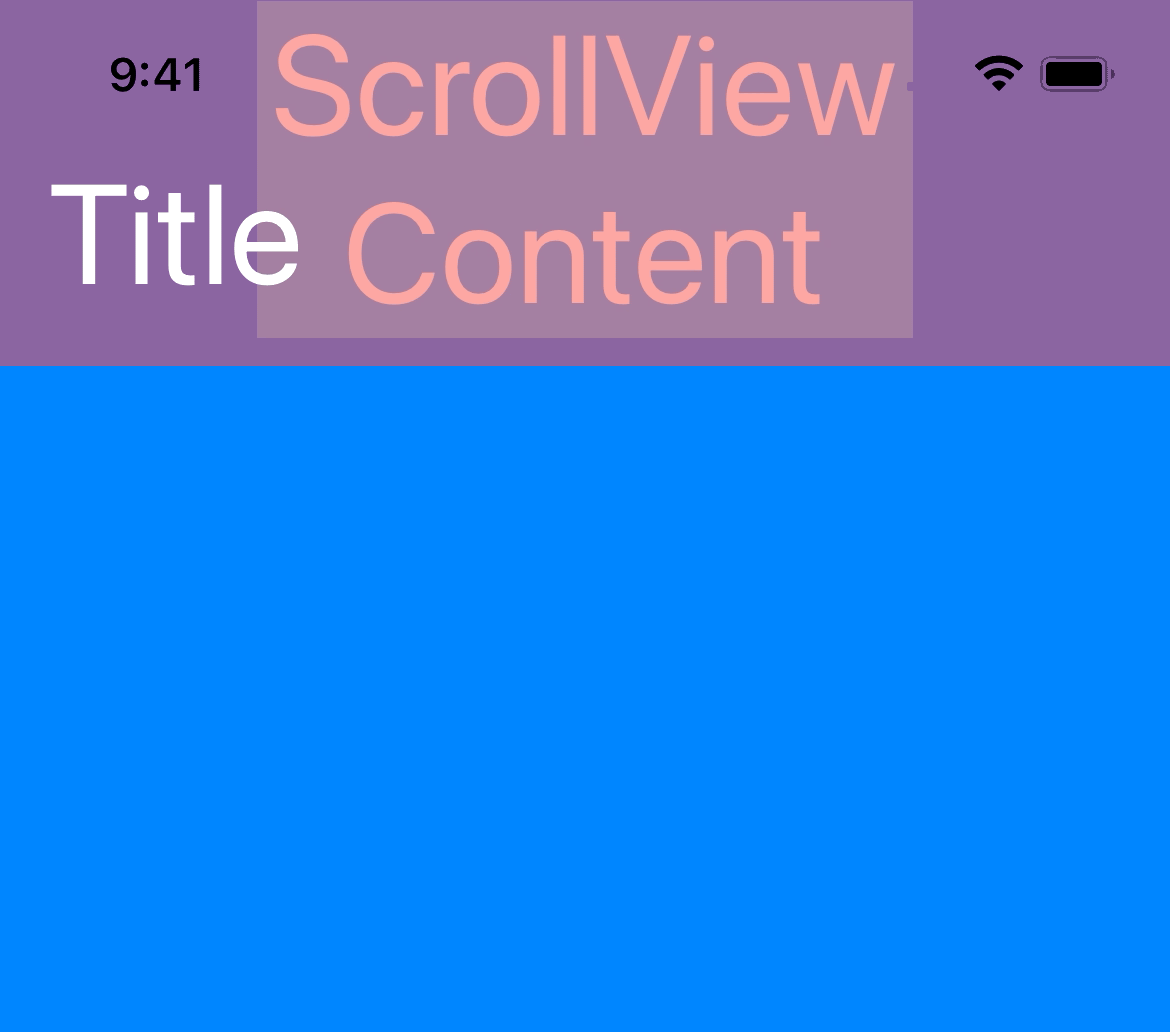 An animation of an iOS UI. At the top is a translucent purple title bar with the text “Title”. Behind and below is a blue scrollable content area with the text “ScrollView Content”. The scrollable content is rubber band bouncing up and down with the content text coming to rest exactly at the top of the screen.