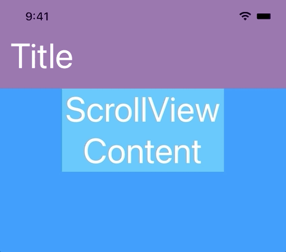 An animation of an iOS UI. At the top is a translucent purple title bar with the text “Title”. Behind and below is a blue scrollable content area with the text “ScrollView Content”. Size of the text labels is shrinking and growing showing. When the font size changes, the scroll view content remains aligned with the title bar.