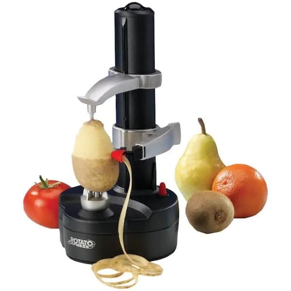 An image of the amazingly-named Potato Peeler, in action. It’s a small kitchen appliance with a spot for a veggie to be placed vertically; it then peels top-down on its own.
