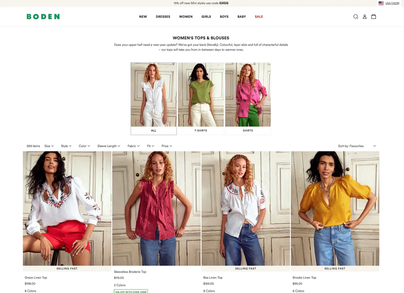 The “Tops & Blouses” category page from boden.com as of May, 2025. It features multiple images of people wearing blouses and tops in a grid, as one may expect.