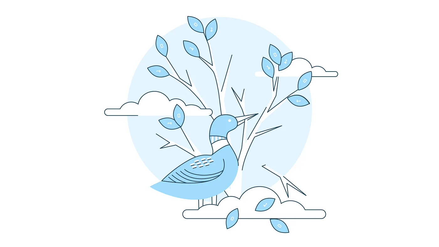 A loon pruning a tree with leaves of ones and zeros.