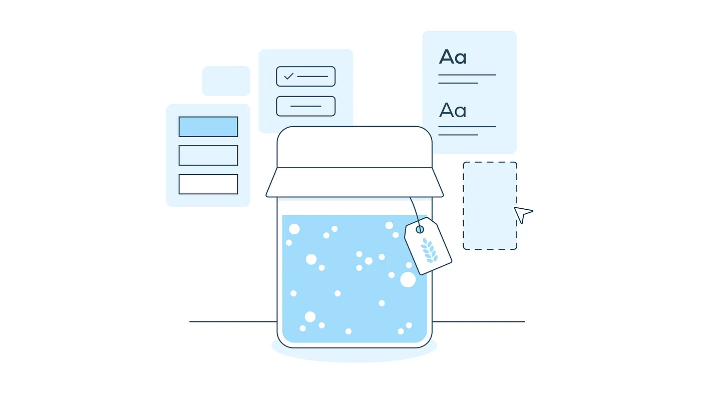A monochromatic illustration of a sourdough starter jar surrounded by stylized UI elements from a design system, including color swatches, buttons, and text styles.