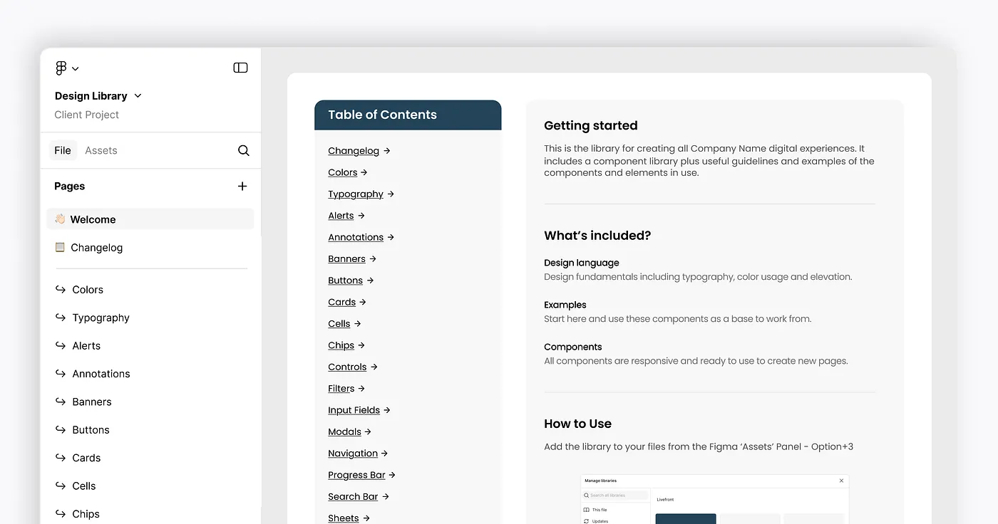 A Figma file showing a welcome page within a design file that includes a table of contents and infromation on what’s included in the file.