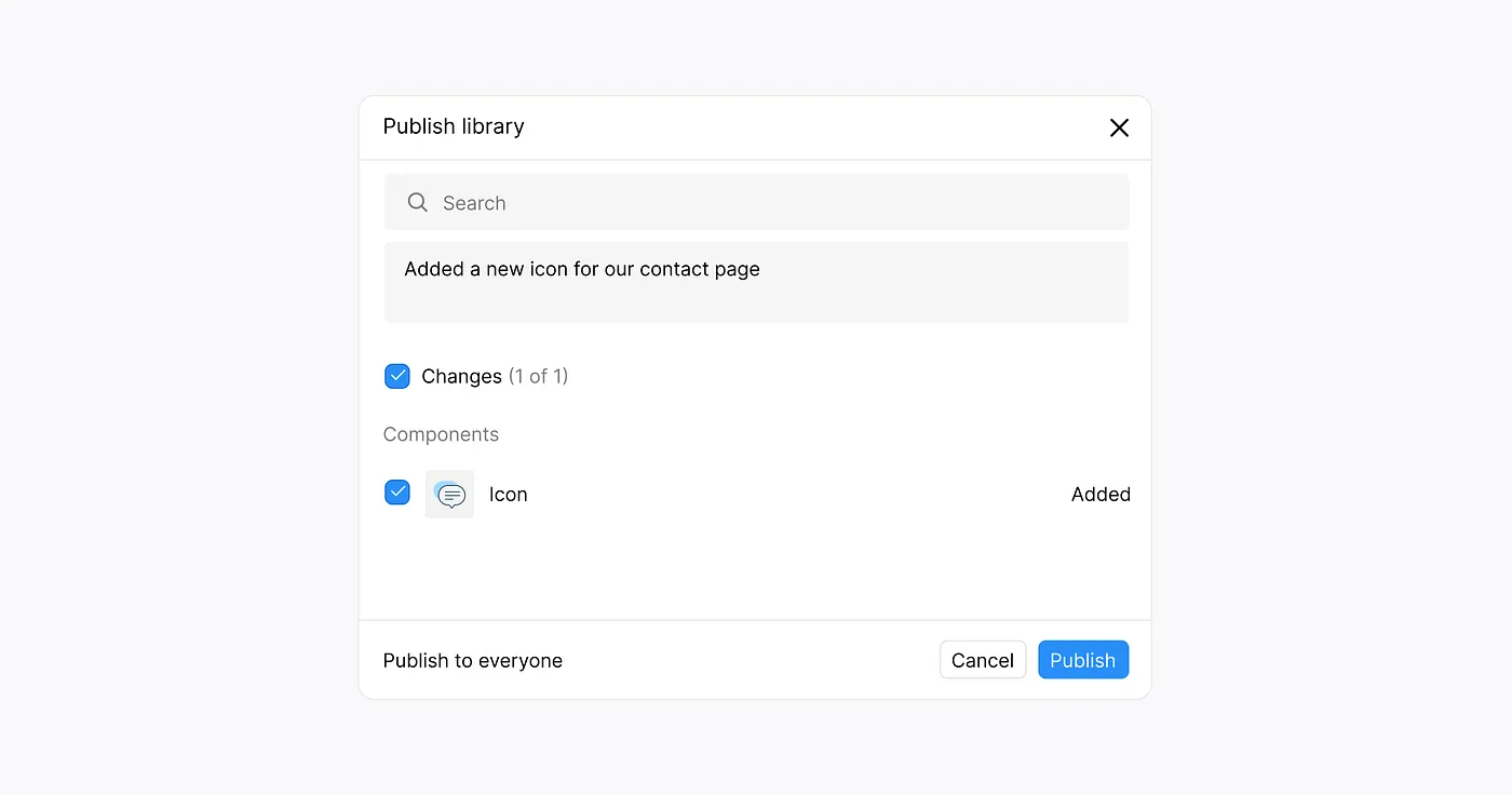 A modal in Figma to publish a library change showing an example where an icon was added.