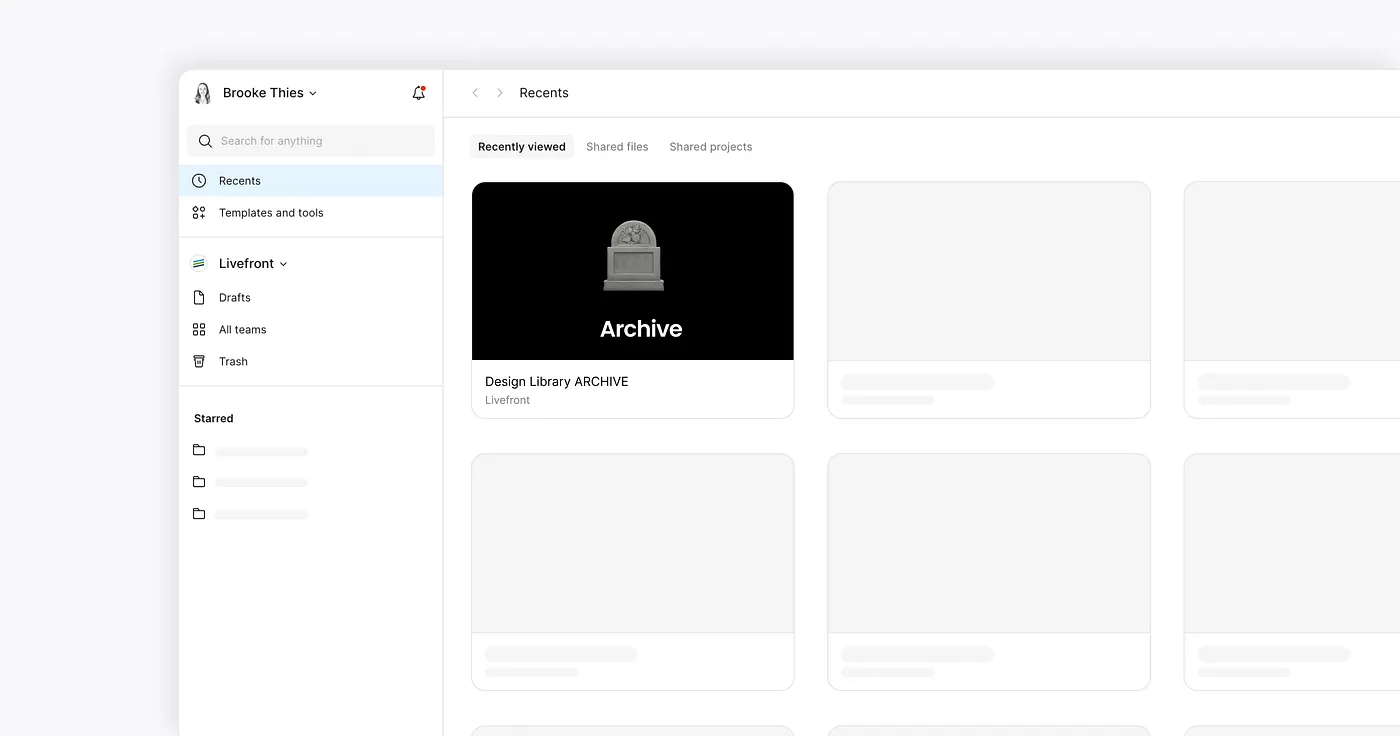 A Figma dashboard that includes a file named “Design Library Archive” that has an emoji gravestone on the file thumbnail image.