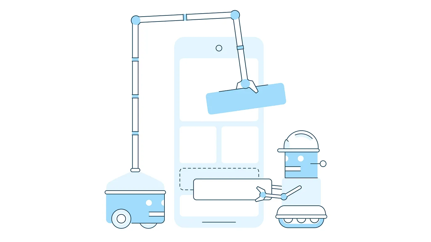 Robots work together to rebuild a component within a phone’s UI.