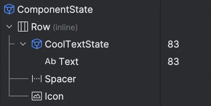 ComponentState never recomposes, while CoolTextState and Text recompose 83 times.