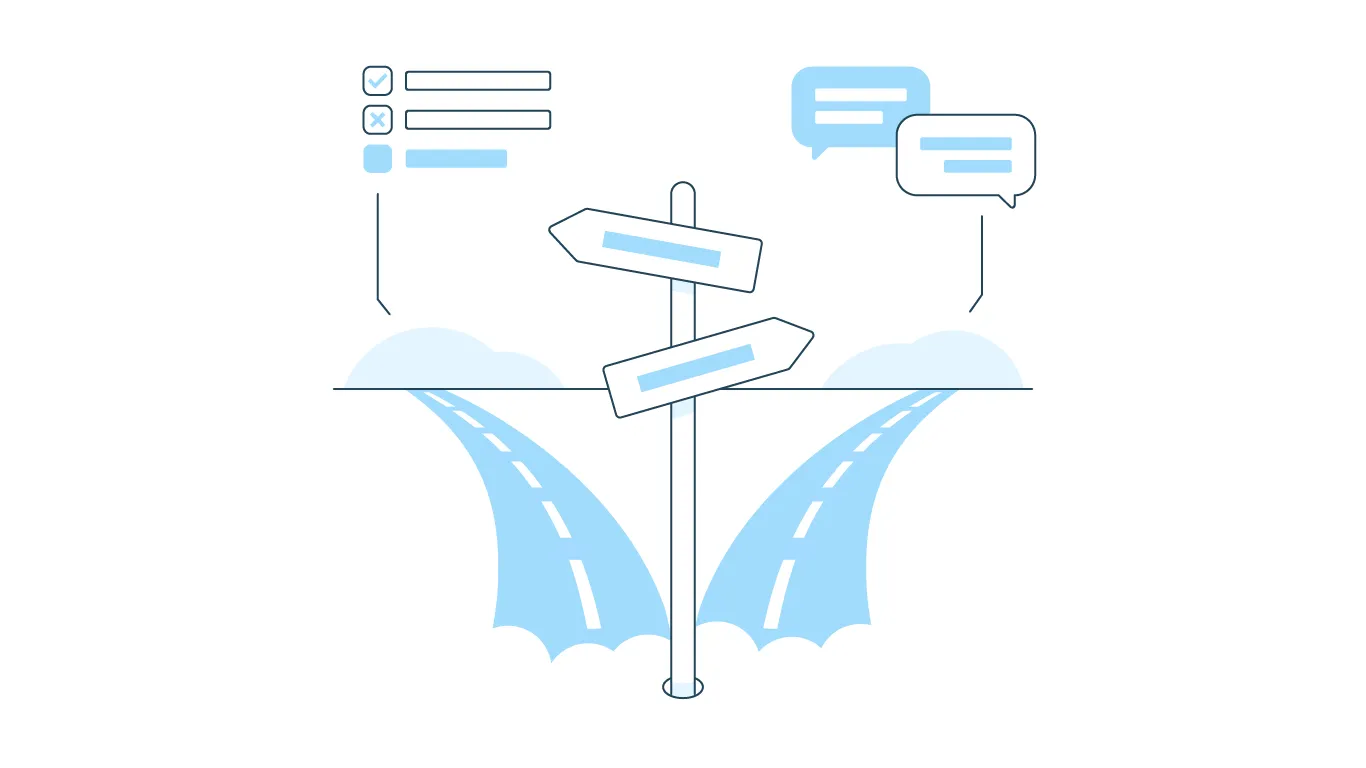 A drawing depicting a fork in the road. One path leads to bubbles emulating moderated research. The other path leads to a depiction of structured data symbolizing unmoderated research.