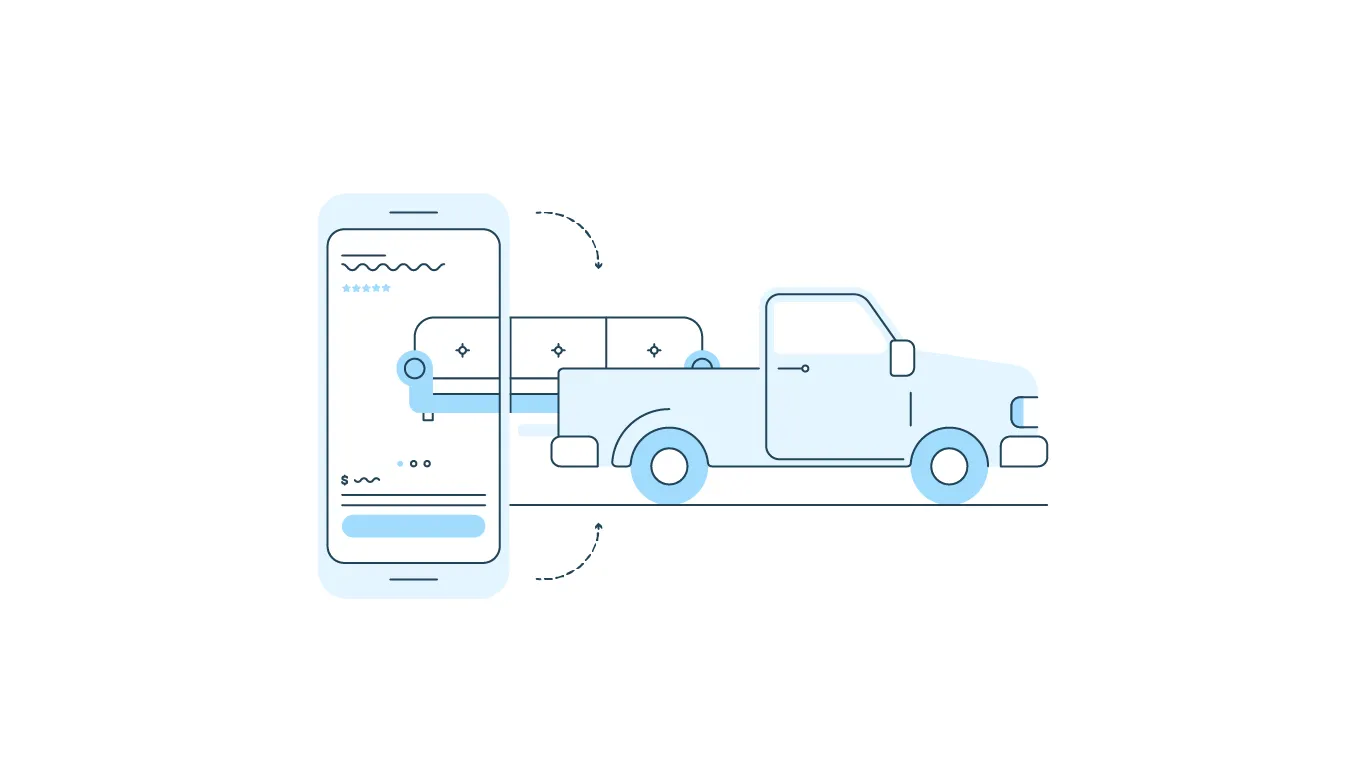 An illustration of the journey of a digital shopping experience with a mobile phone, couch , and truck picking up an order.